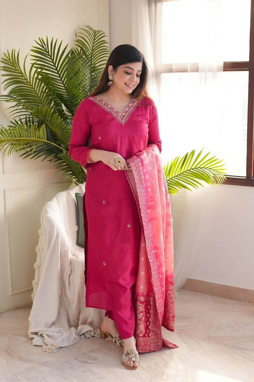 Elegant Viscose Reyon Embroidered Kurti Set with Printed Dupatta