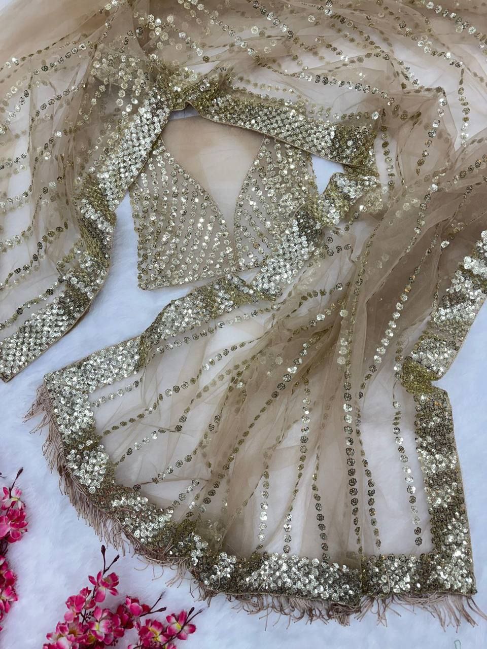 Glorious Gold Sequins Embroidered Net Saree with Fancy Pallu