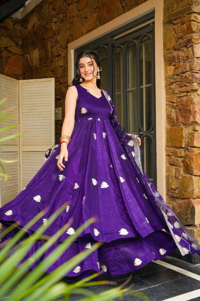 Premium Fendy Silk Embroidered Gown Set with Plazzo & Dupatta | Ready to Wear