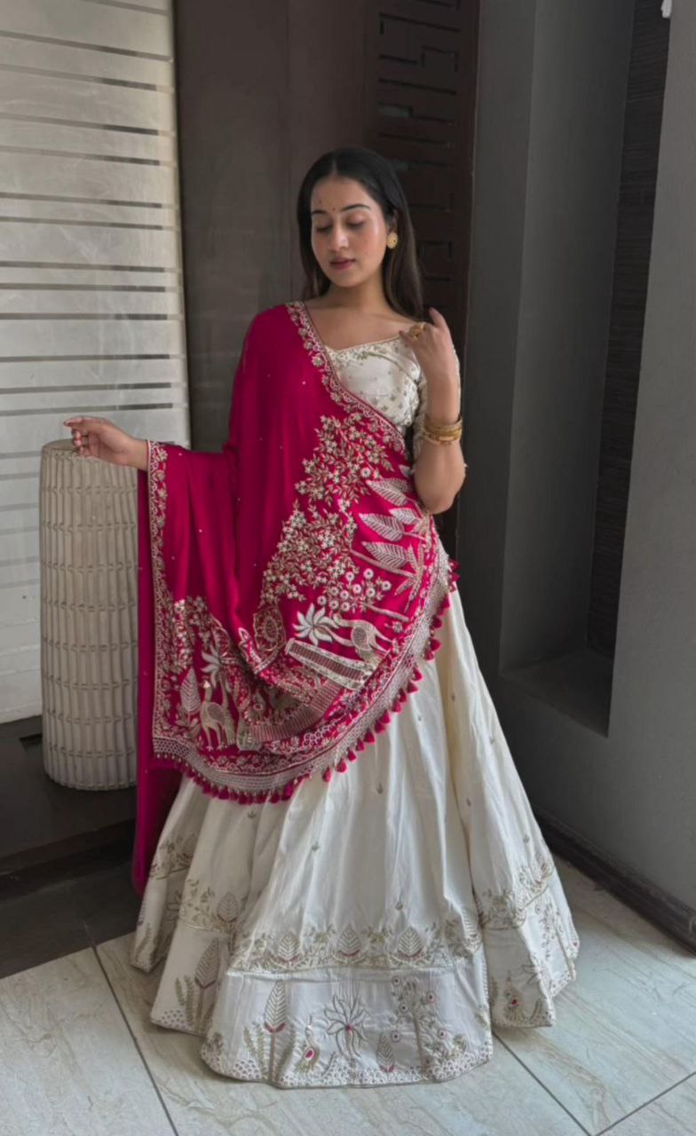 Elegant Vichitra Silk Embroidered Lehenga Choli Set with Dupatta