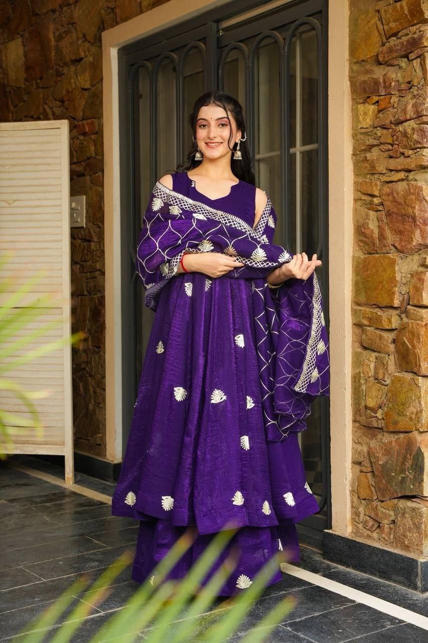 Premium Fendy Silk Embroidered Gown Set with Plazzo & Dupatta | Ready to Wear